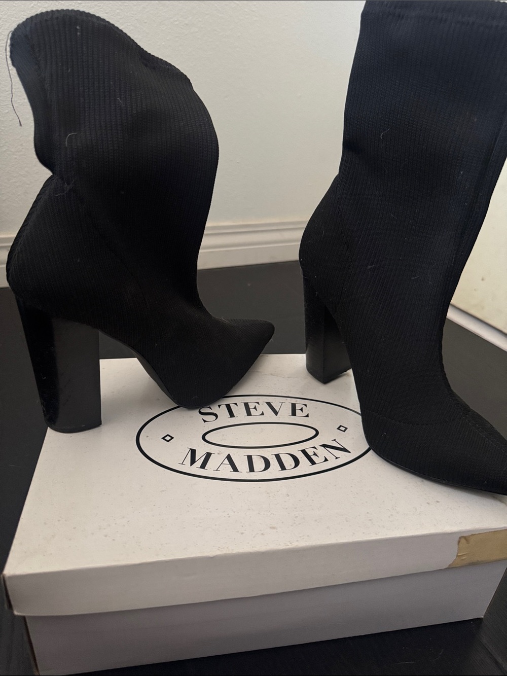 Steve Madden Black Stretch Sock Heeled Boots